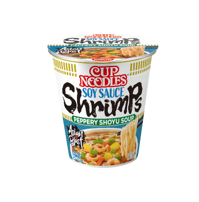 Nissin cup noodles soy sauce shrimps peppery shoyu soup